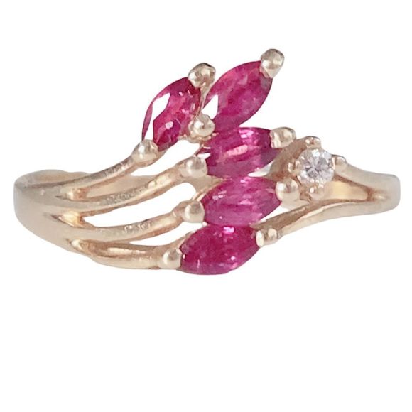 14K YELLOW GOLD 5 MARQUISE SHAPE RUBY RING SZ 5